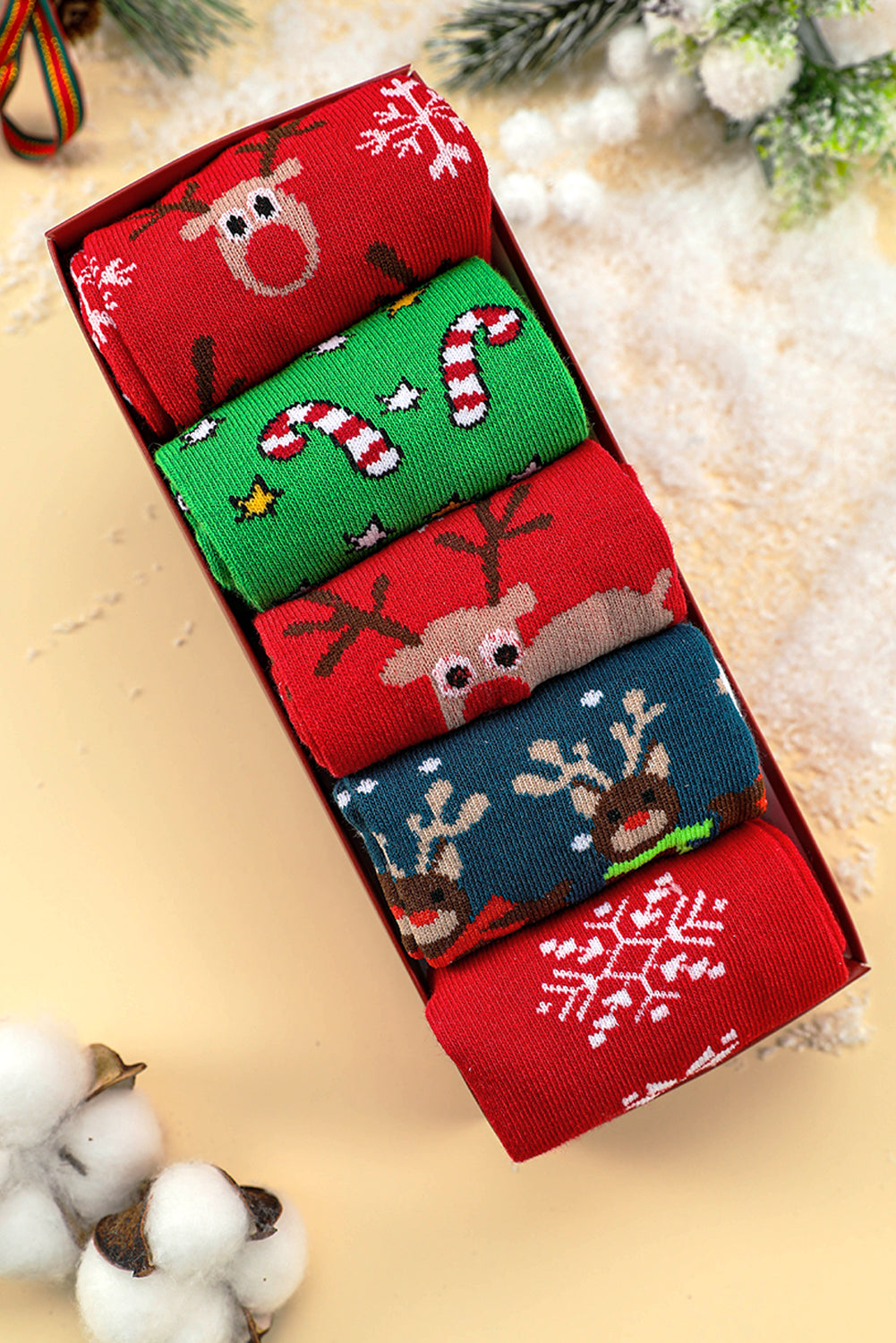 Dear Lover Fiery Red 5 Pairs/Set Christmas Cartoon Elk Soft Socks Set with Box